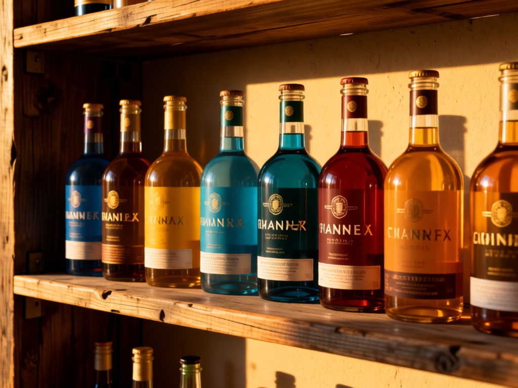 Artfully arranged non-alcoholic bottles with cohesive branding colors on a rustic shelf. Golden hour lighting creates depth and warmth. No people.