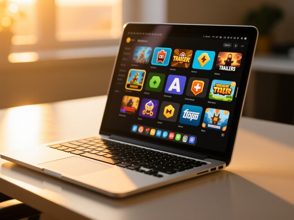 A sleek laptop on a minimalist desk during golden hour, screen displaying a grid of game icons and trailers, warm sunlight reflecting off the keyboard, shallow depth of field, no visible people.