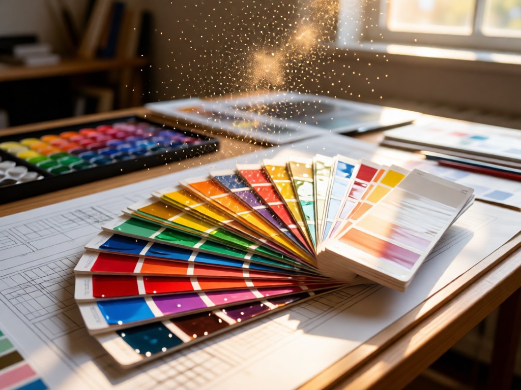 An angled view of colorful paint swatches fanned out on a designer's drafting table. Afternoon sun illuminates dust particles floating above vibrant color samples. No people.