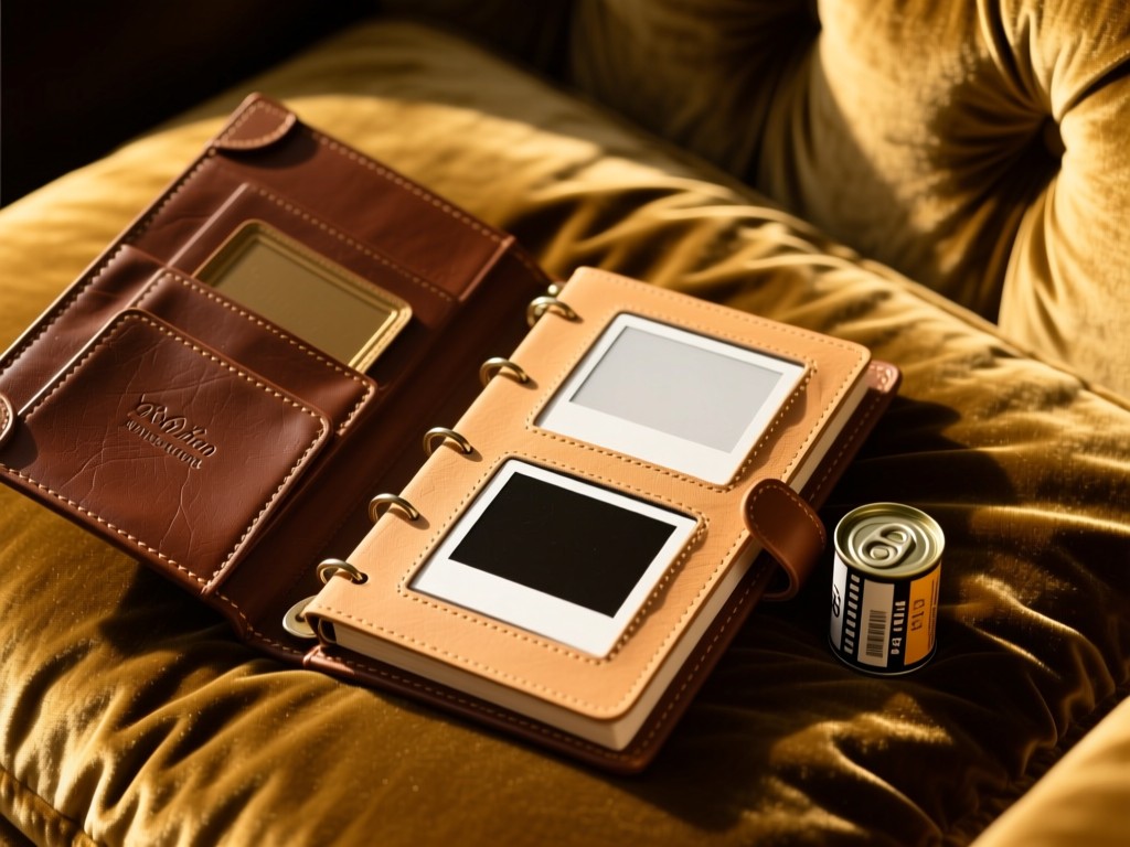 Open leather-bound portfolio on a velvet cushion, golden hour light highlighting empty photo sleeves, a single film canister beside it, rich textures, no people.