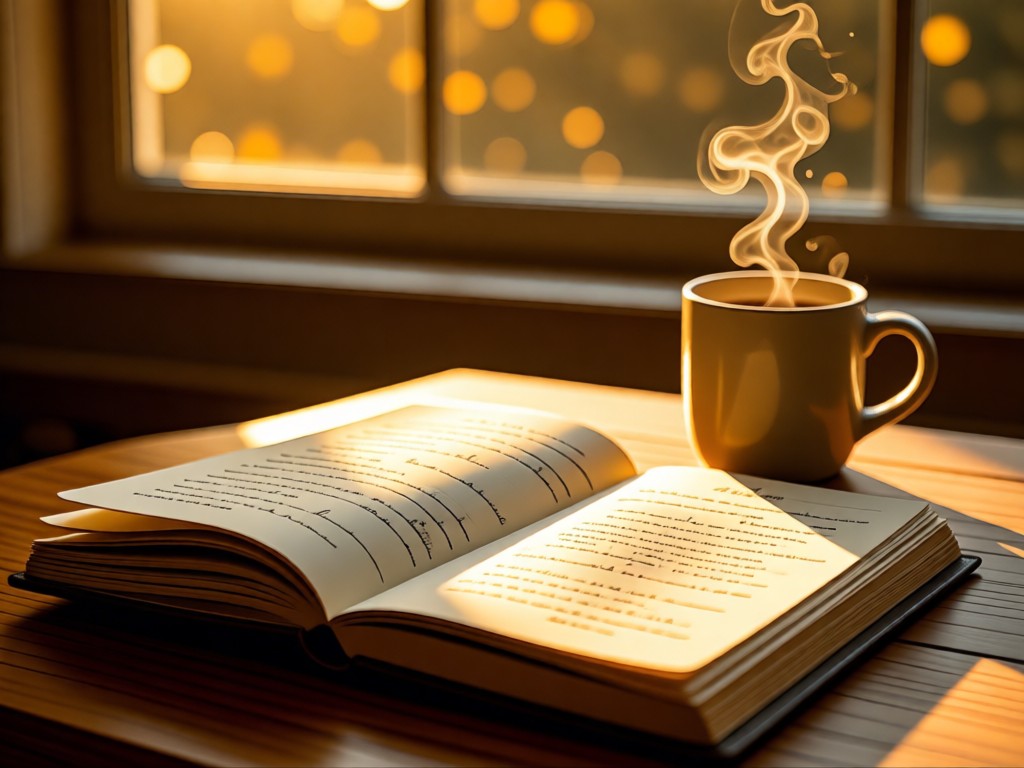 An open notebook with handwritten Forest memories beside a steaming mug. Golden light through nearby window. No people.