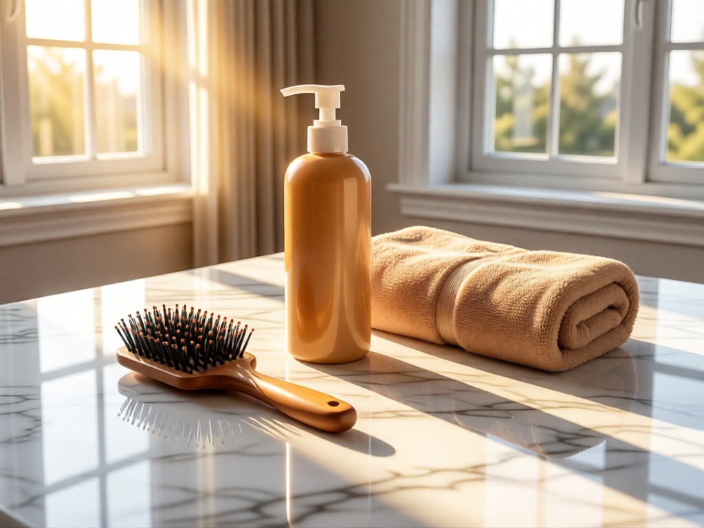 Neatly arranged pet grooming tools - brush, shampoo bottle, and towel - on a marble surface. Morning light streams through nearby windows, creating soft reflections. Professional and clean aesthetic. No people.