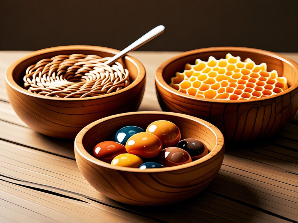 Three rustic wooden bowls holding different NZ crafts: woven flax, honeycomb, and polished stones. Soft side lighting creates warm textures. No people.