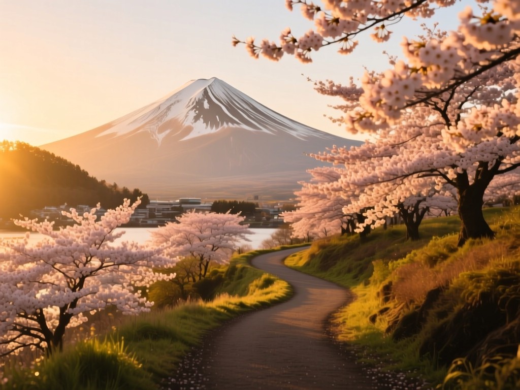A winding path through sun-drenched cherry blossoms in golden hour, leading toward Mount Fuji silhouette, soft warm lighting, symbolic of discovery, natural colors, no text.