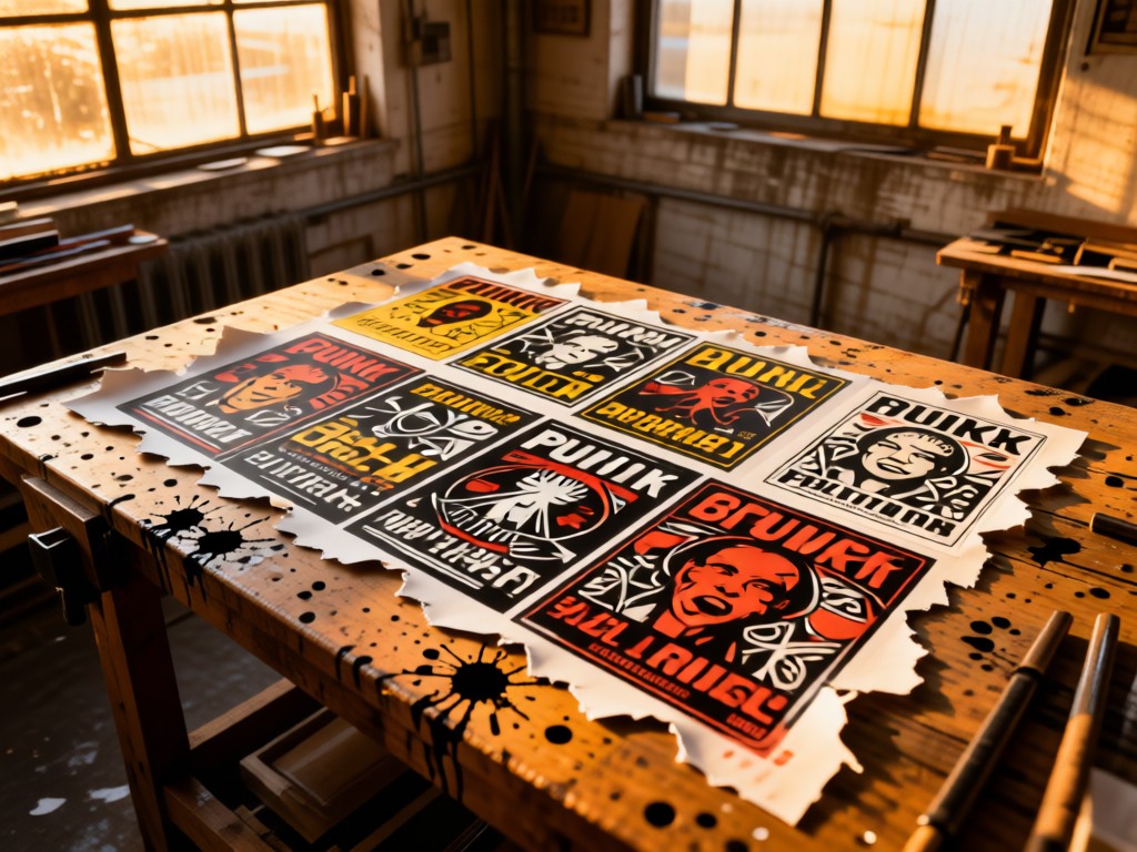 Punk flyers and stencils layered on a workbench. Overhead view showing torn edges and ink smudges. Golden hour through warehouse windows. No people.