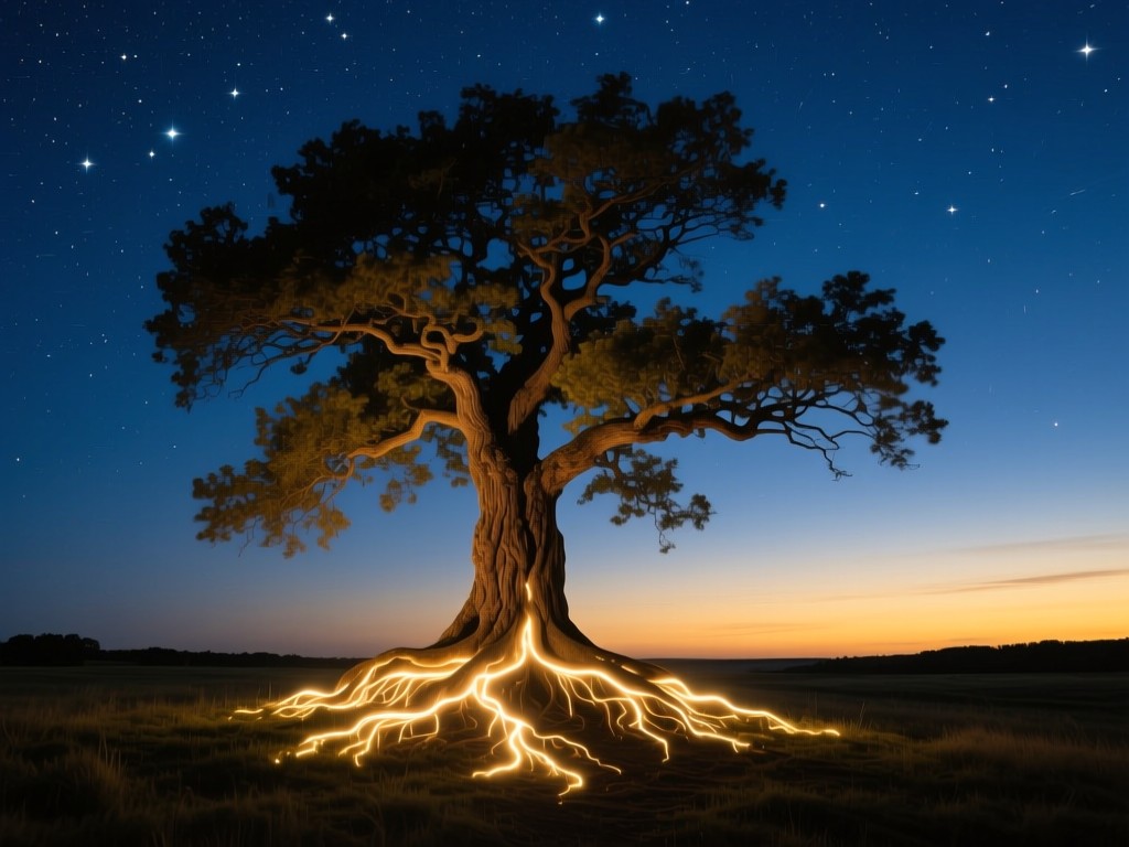 A lone ancient oak tree under twilight stars, roots glowing with ethereal energy, deep blue and gold night sky, symbolic of grounded spirituality, long exposure, no people.