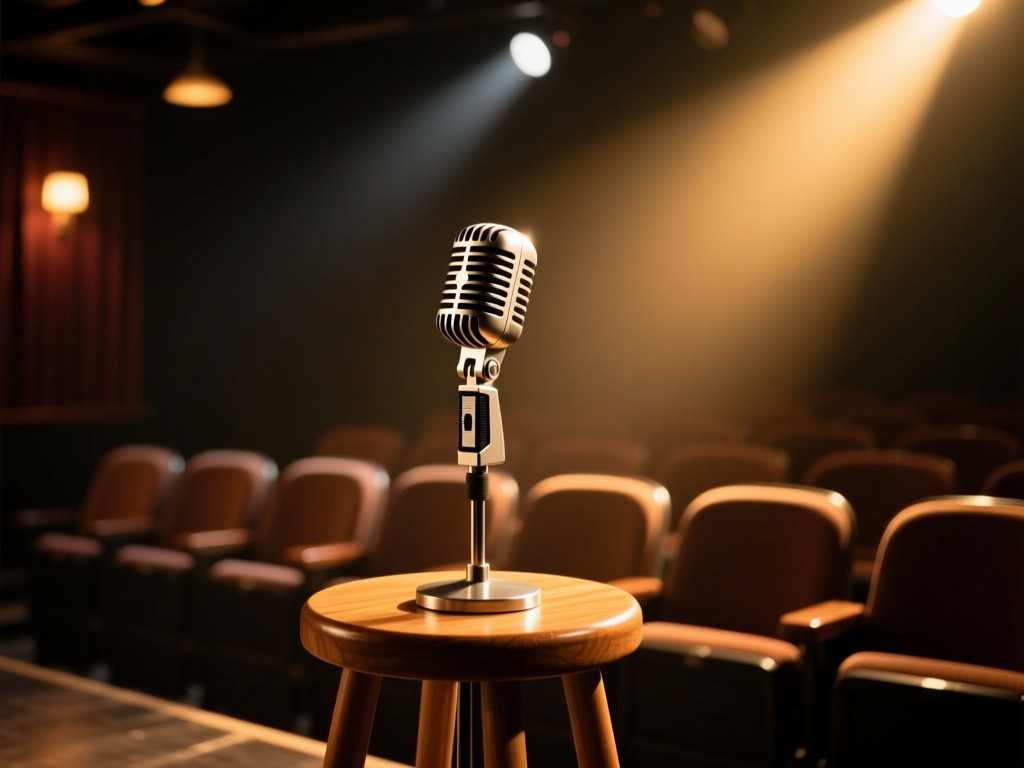 A vintage microphone on a wooden stool during golden hour, spotlight effect in a dark comedy club setting, warm stage lighting, empty audience seats in soft focus, dramatic shadows, minimalist composition.