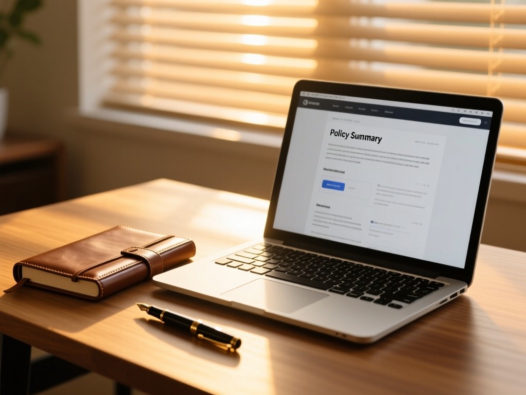 A leather-bound notebook and fountain pen beside a modern laptop on a wooden desk at golden hour, screen displaying a clean policy summary page, warm sunlight filtering through window blinds, shallow depth of field, no people.