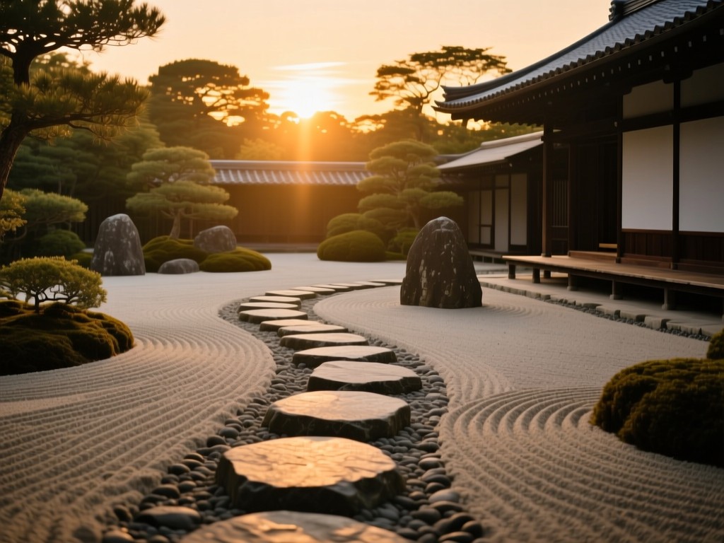 A single stone pathway through raked sand in a zen garden at sunset, symbolizing focused discovery, warm golden light, minimalist composition, no people or text.