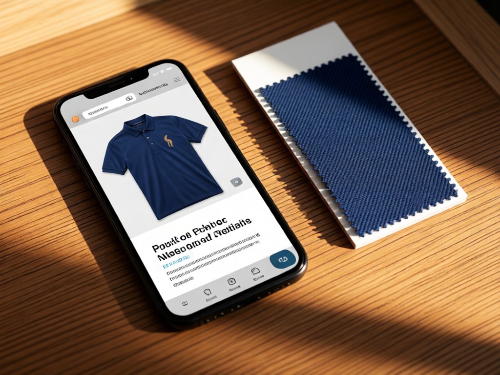 A smartphone displaying a clean polo shirt product page beside a fabric swatch. Soft afternoon light creates depth on a wooden surface. No people.