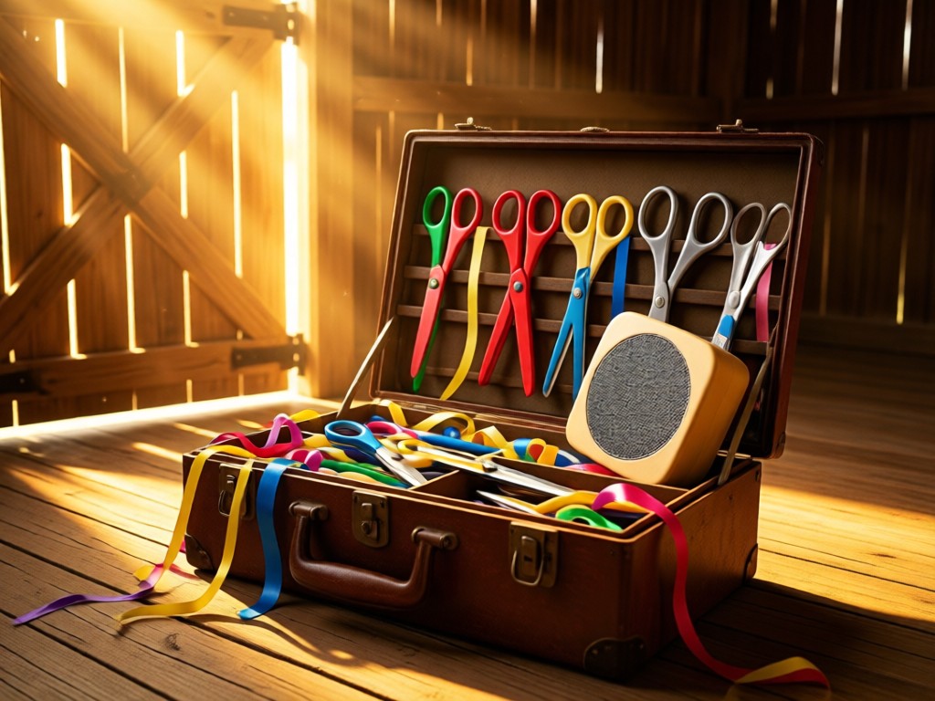 An open vintage toolbox filled with party supplies: ribbons, scissors, and a mini speaker. Golden hour light through a barn door. Symbolizes having all tools in one place. No people.