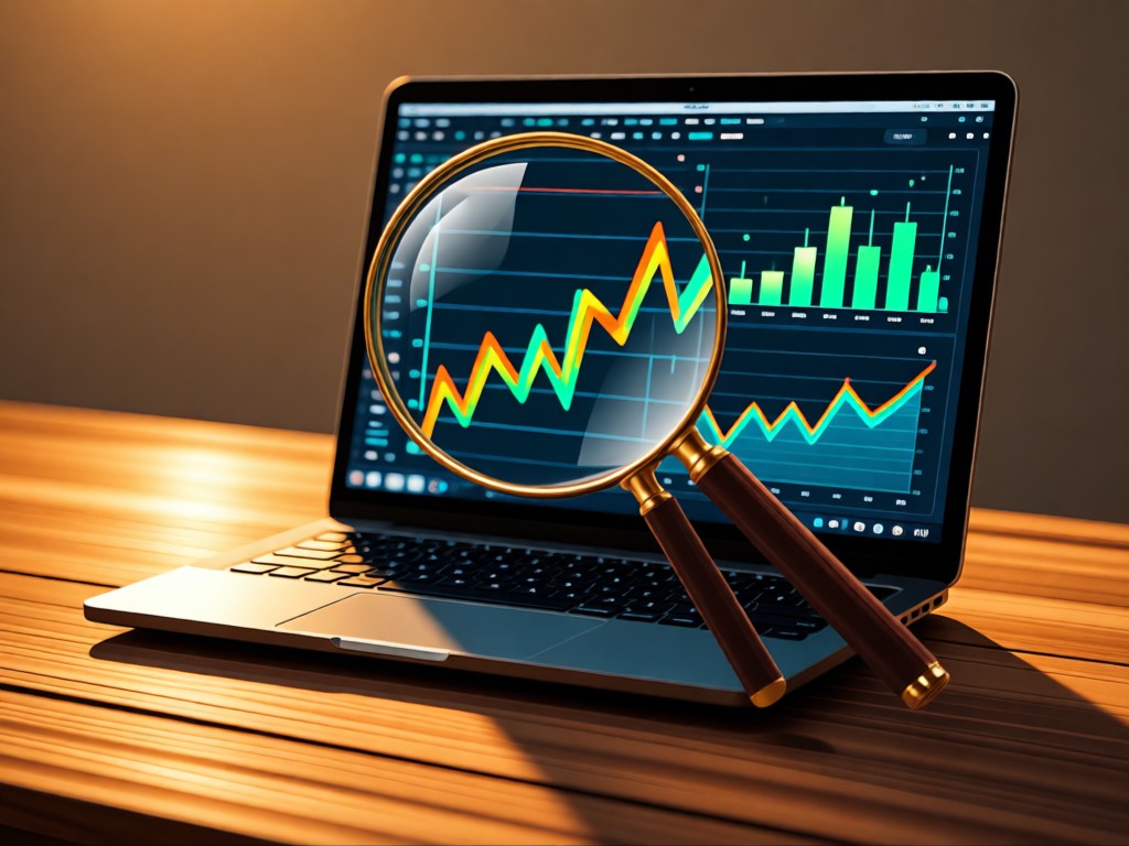A magnifying glass over a laptop screen showing rising analytics graphs. Golden hour light creates long shadows on a wooden desk. Abstract tech concept, no people.