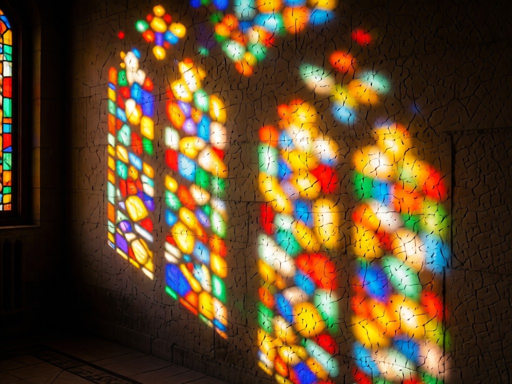 Sunlight streaming through stained glass onto a textured wall, creating colorful geometric patterns. Warm highlights and deep shadows. No people.