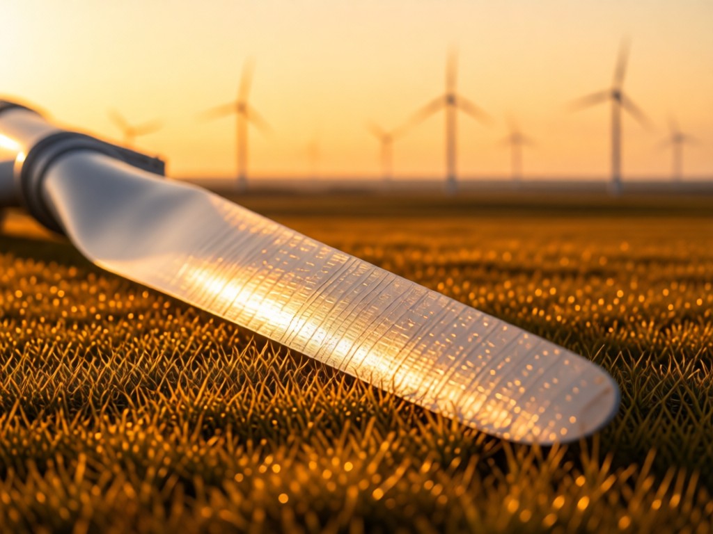 A single wind turbine blade segment resting on golden grassland at sunset, angled toward distant wind farm. Soft focus background with warm light hitting the blade's textured surface. No people.
