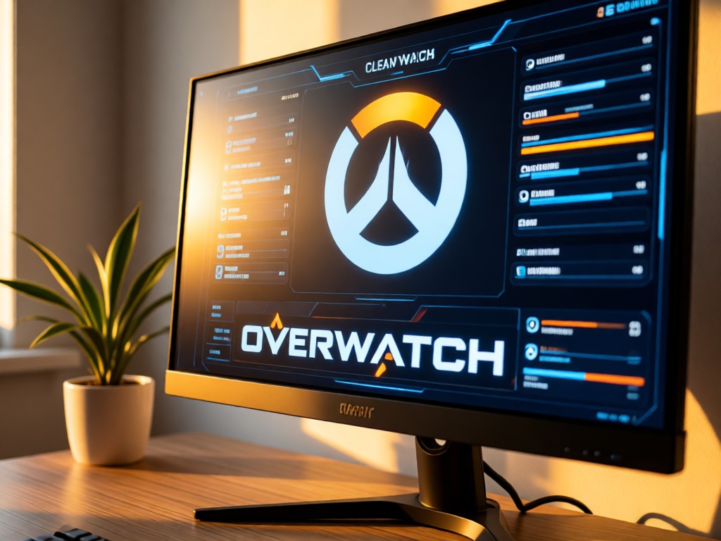 Close-up of a high-end monitor displaying clean Overwatch stat graphics. Golden hour light illuminates the screen and a minimalist desk plant. Shallow depth of field. No people.