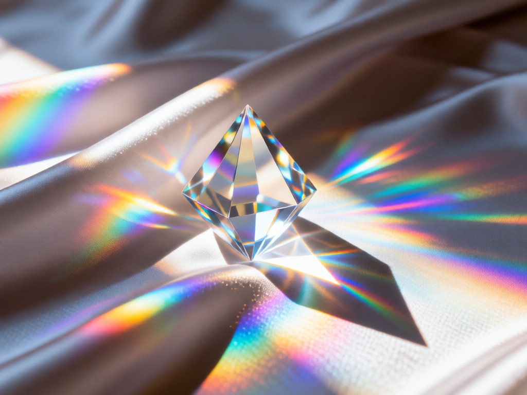 A crystal prism refracting light onto draped silk fabric. Rainbow highlights on textile surfaces. Clean composition with negative space. No people.