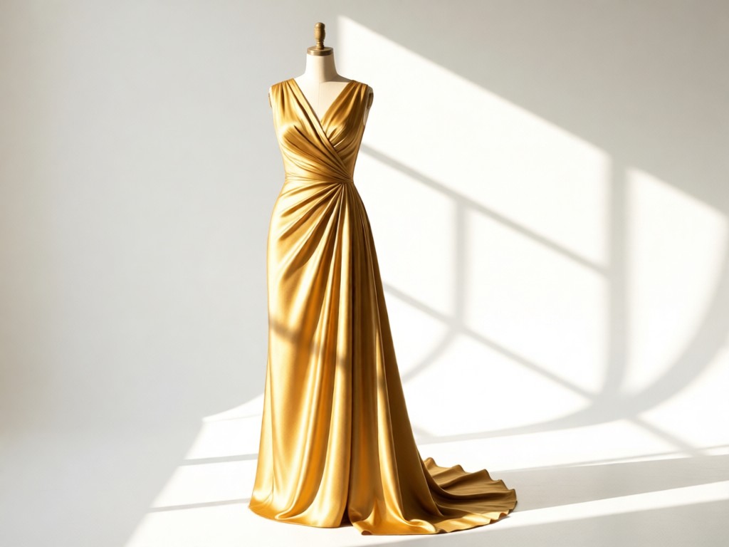 A single elegant dress form draped with luxurious silk fabric, standing in a sunlit studio. Golden light emphasizes fabric sheen and texture. Clean white background. No people.
