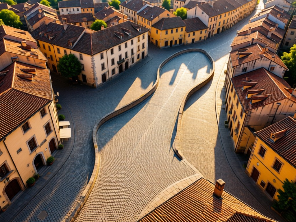 Aerial view of winding cobblestone streets forming a shoe-shaped path through a sunlit European town. Symbolizes discovery and connection. No people.