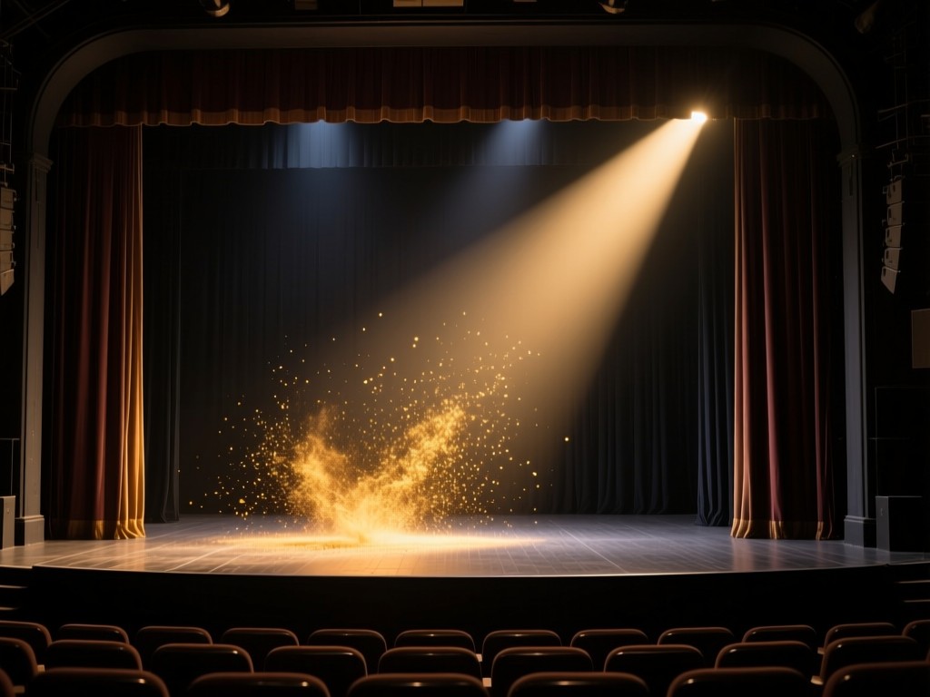 Spotlight beam cutting through dark theater curtains onto empty stage, golden dust particles in the air, dramatic contrast, symbolic of discovery.