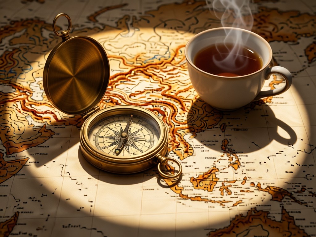Vintage brass compass overlaid on a silk-printed map of Asia. Steaming teacup sits beside it, casting circular shadows. Warm light highlights topographic details and spice trails. No modern devices.