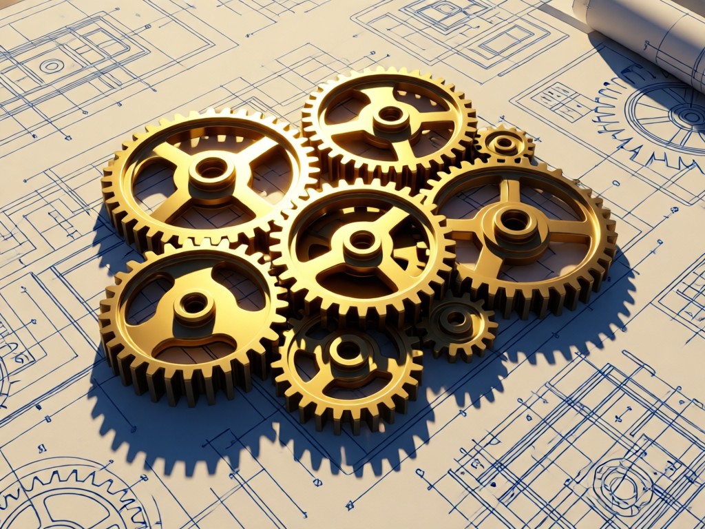 Aerial view of precisely arranged industrial gears on a blueprint. Golden light creates geometric shadows symbolizing engineering precision. No people.