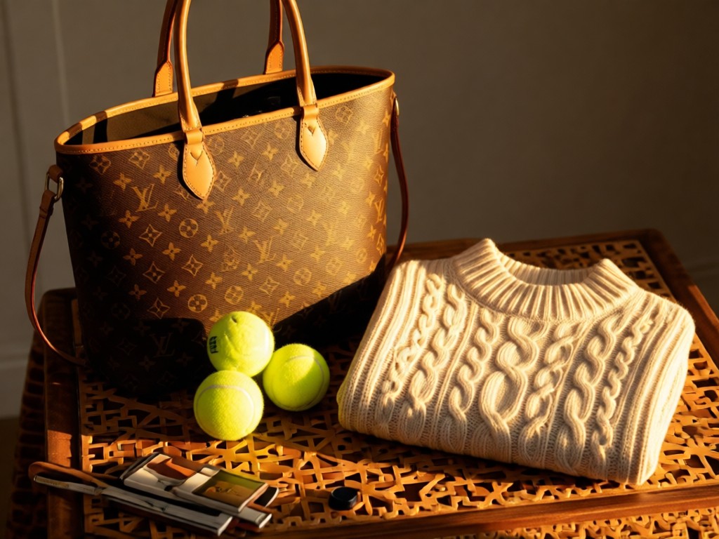 A curated arrangement of preppy brand items: a monogrammed tote, tennis balls, and a cable-knit sweater. Golden hour light creates depth and warmth on textured surfaces. No people.
