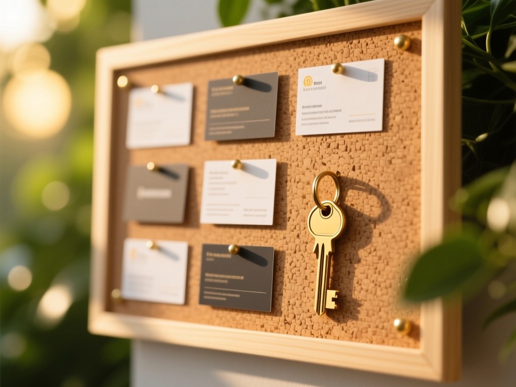 A minimalist cork board with neatly arranged business cards and a single gold key. Soft-focus greenery in background with golden hour lighting. Symbolizes organization. No people.