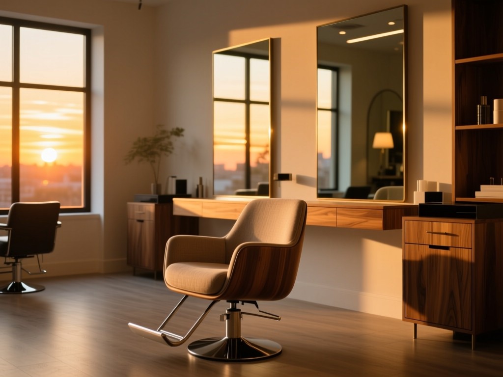 Single stylist chair spotlighted in an empty upscale salon at golden hour, mirror reflecting warm sunset through windows, symbolizing focus and opportunity, soft shadows, natural wood textures.