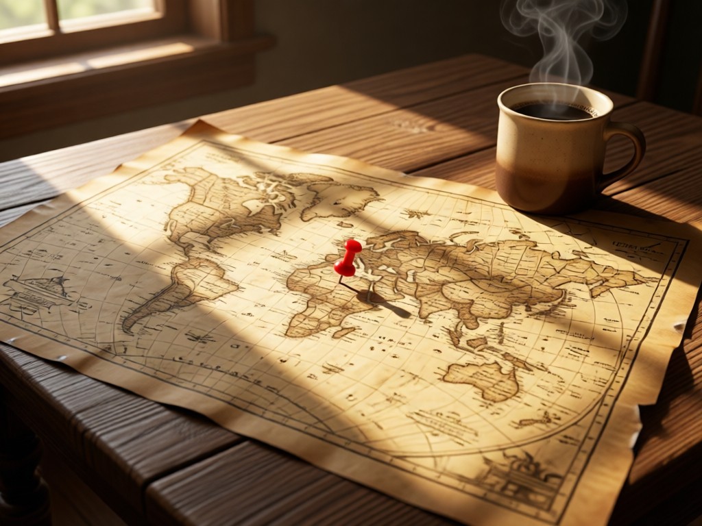 A vintage-style map spread on a wooden table with a red pushpin marking a location. Sunlight illuminates the paper texture beside a steaming coffee mug. Earthy tones with soft shadows.