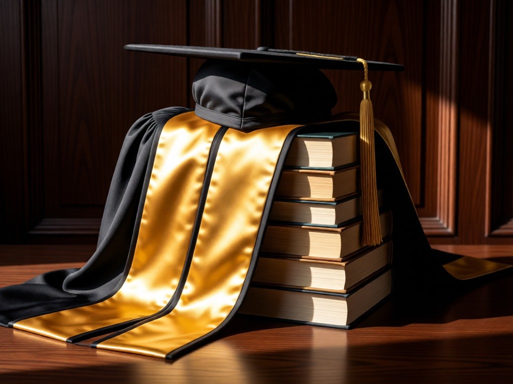 A composition of gold and black academic regalia draped over a stack of textbooks. Sunlight highlights fabric textures against dark wood. Minimalist and collegiate. No people.