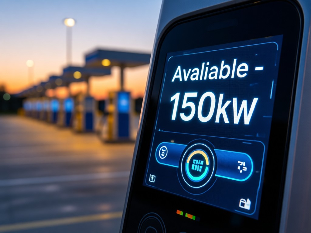 Close-up of a charging screen displaying 'Available - 150kW'. Blurred station row in background at dusk. Crisp digital interface. No people.