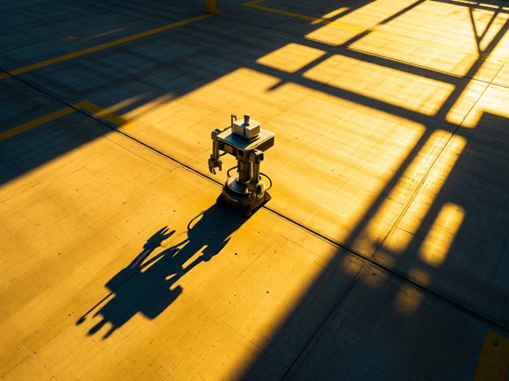 Aerial view of a single robotic sensor centered in a sunlit concrete testing field. Stark shadows emphasize precision. Golden tones evoke innovation clarity. No people.