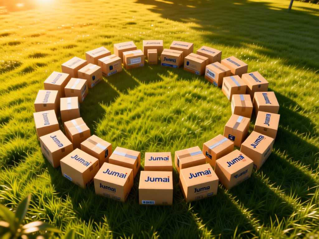 Aerial view of Jumia packages arranged in a sunlit circle on lush grass. Symbolizes organization and growth in e-commerce. Golden hour lighting. No people.