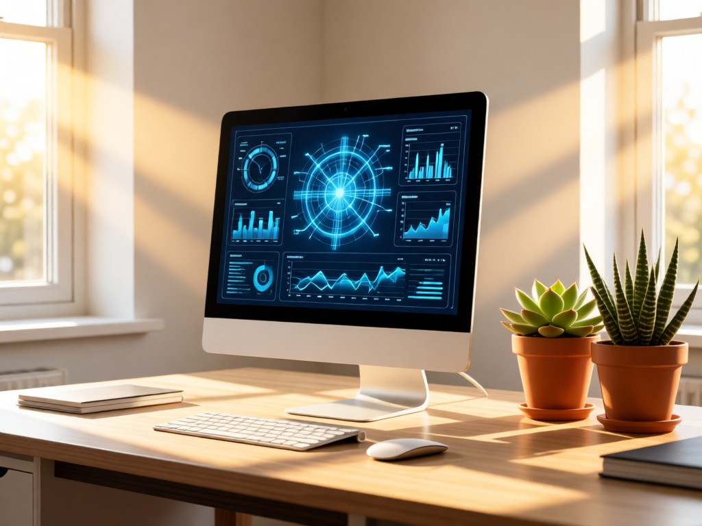 A computer monitor showing scientific infographics beside potted succulents. Morning sun streams through windows onto a clean workspace. No people.