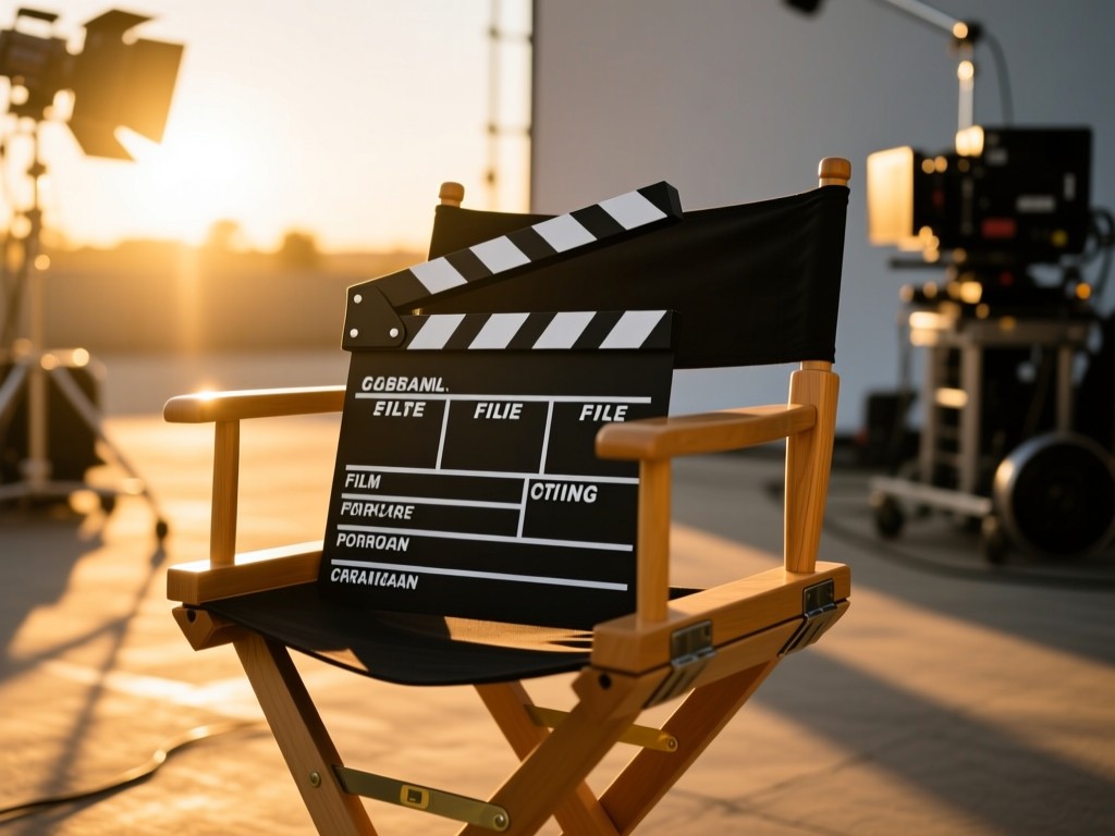 Film clapperboard on a director's chair in a sunlit studio lot, golden hour light casting long shadows, shallow focus on the clapper with blurred studio equipment in background, warm tones.