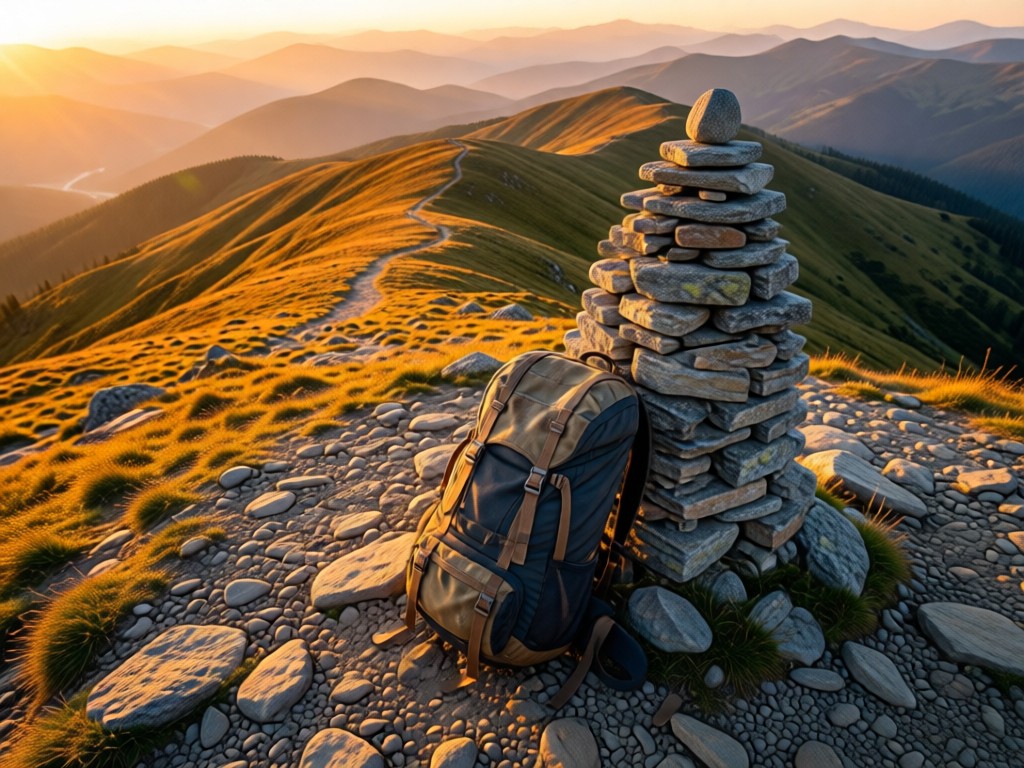 Aerial view of a single backpack leaning against a cairn on a mountain pass. Golden hour light, backpack slightly weathered. Symbolizes preparedness and journey milestones. No people.