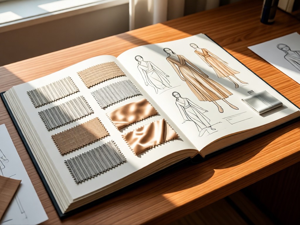 An open portfolio book on a wooden desk displaying fabric swatches and fashion sketches. Natural light highlights textures of linen and silk samples arranged neatly. No people.