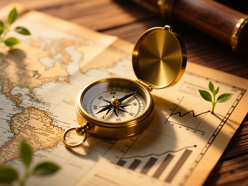 A compass resting on a vintage map under golden hour light, surrounded by subtle growth chart graphics, warm wood background, soft shadows, natural textures.