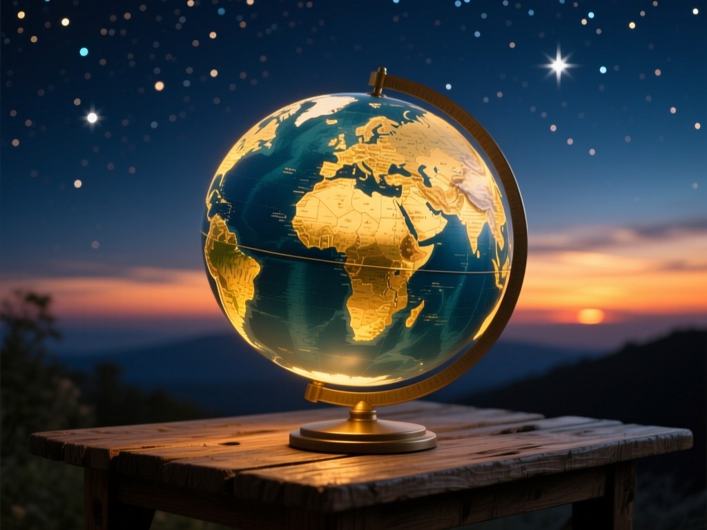 A glowing globe on a rustic wooden table during sunset, continents highlighted in soft gold light, dark blue background with star-like specks, warm and cool color contrast, symbolic of worldwide reach.