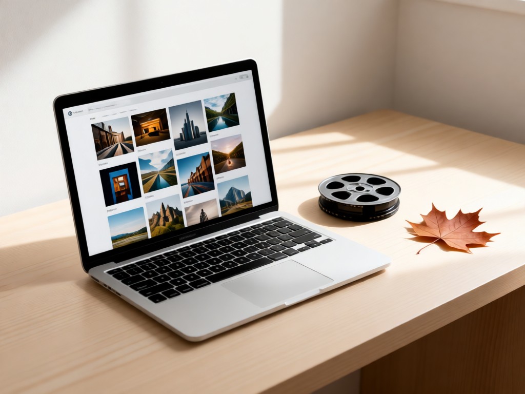 A minimalist desk with an open laptop showing a grid-style photo gallery. Beside it, a single film roll and maple leaf on a clean surface. Soft natural lighting. No people.