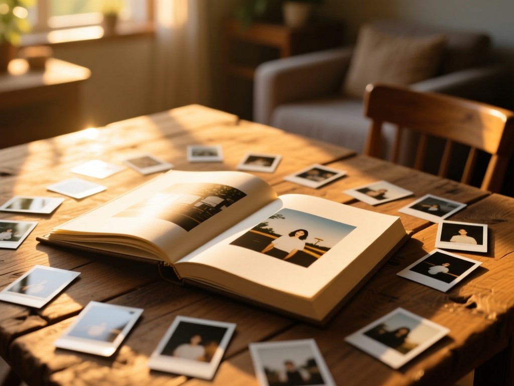 An open photo album on a rustic wooden table during golden hour, surrounded by scattered polaroid-style pictures being magically arranged, warm sunlight, shallow depth of field, cozy home ambiance.