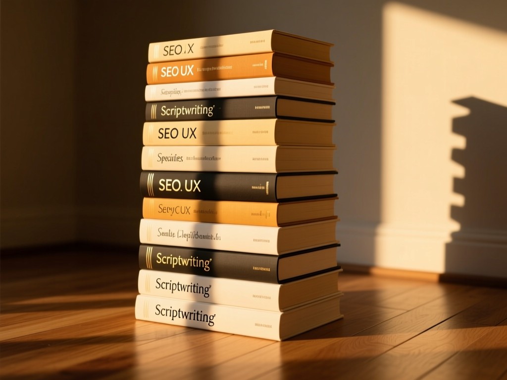 A towering stack of hardcover books under golden hour light, each spine labeled with writing specialties (SEO, UX, Scriptwriting), casting long elegant shadows on a wooden floor, minimalist composition.