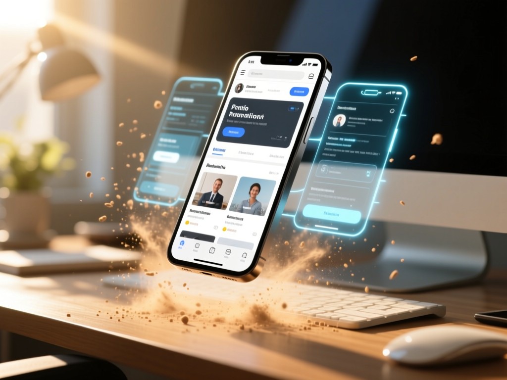 A smartphone hovering over a desk, projecting a hologram-like interface of a portfolio site. Sunlight catches dust particles around the futuristic display.