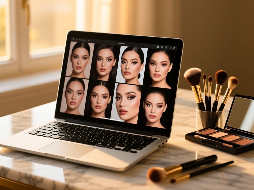 Open MacBook on a marble surface during golden hour, screen displaying a grid of professional makeup looks, soft window light highlighting a makeup brush set beside it, shallow depth of field, warm tones.