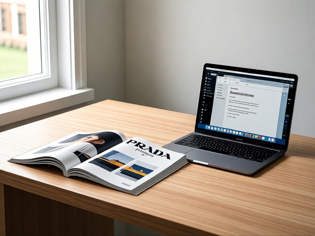 Minimalist desk with Prada catalog open beside a laptop showing clean interface. Natural light creates serene atmosphere. No people.