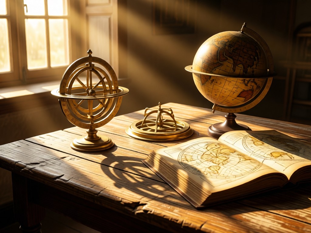 An artistic composition of antique astronomy tools: brass astrolabe, star globe, and open celestial atlas on a weathered wooden table. Golden hour light streams through a window, casting long shadows. No people.