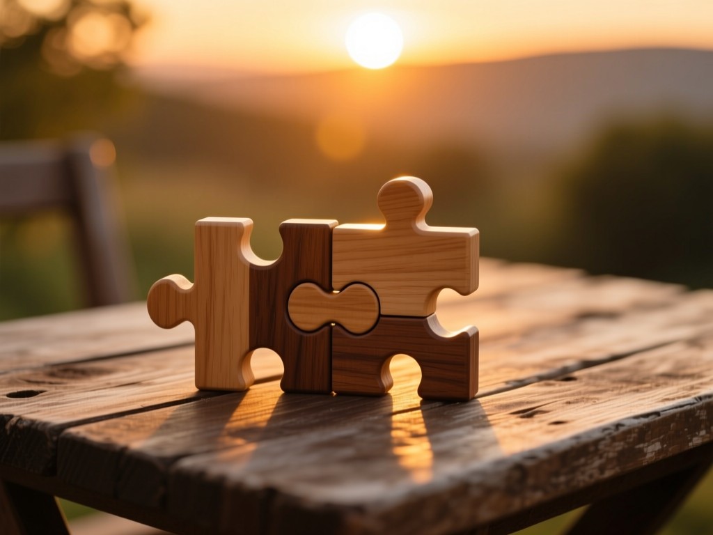 Interlocking wooden puzzle pieces on a rustic table at sunset, golden light highlighting connections, shallow focus, warm earthy tones, symbolic imagery.
