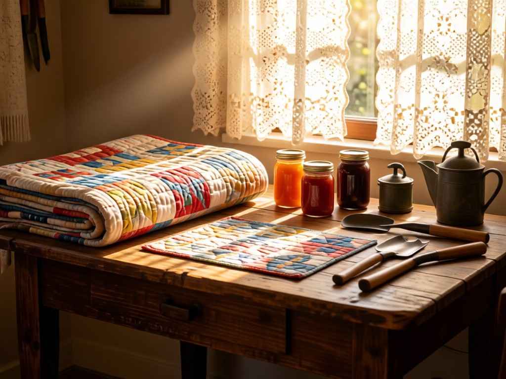 A rustic table displaying handmade quilts, mason jar preserves, and gardening tools. Morning light filters through lace curtains. No people.