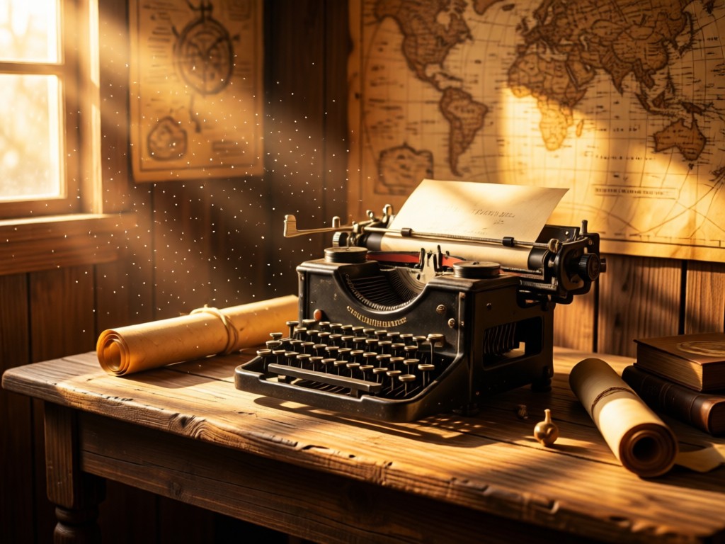 A rustic typewriter with rolled parchment on a barnwood desk. Sunlight streams through dust motes onto faded map backgrounds. Warm amber tones suggest heritage and journey. No people.