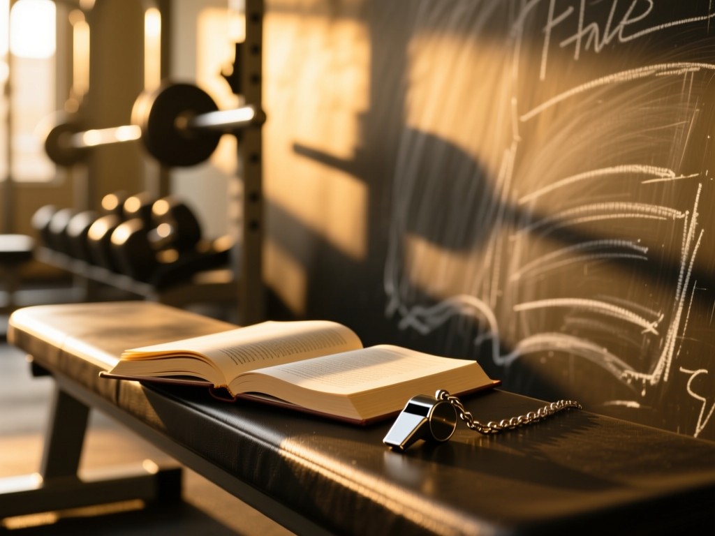 An open playbook and whistle on a gym bench during golden hour, sunlight highlighting chalkboard textures, blurred weight rack in background, warm tones, no text visible.